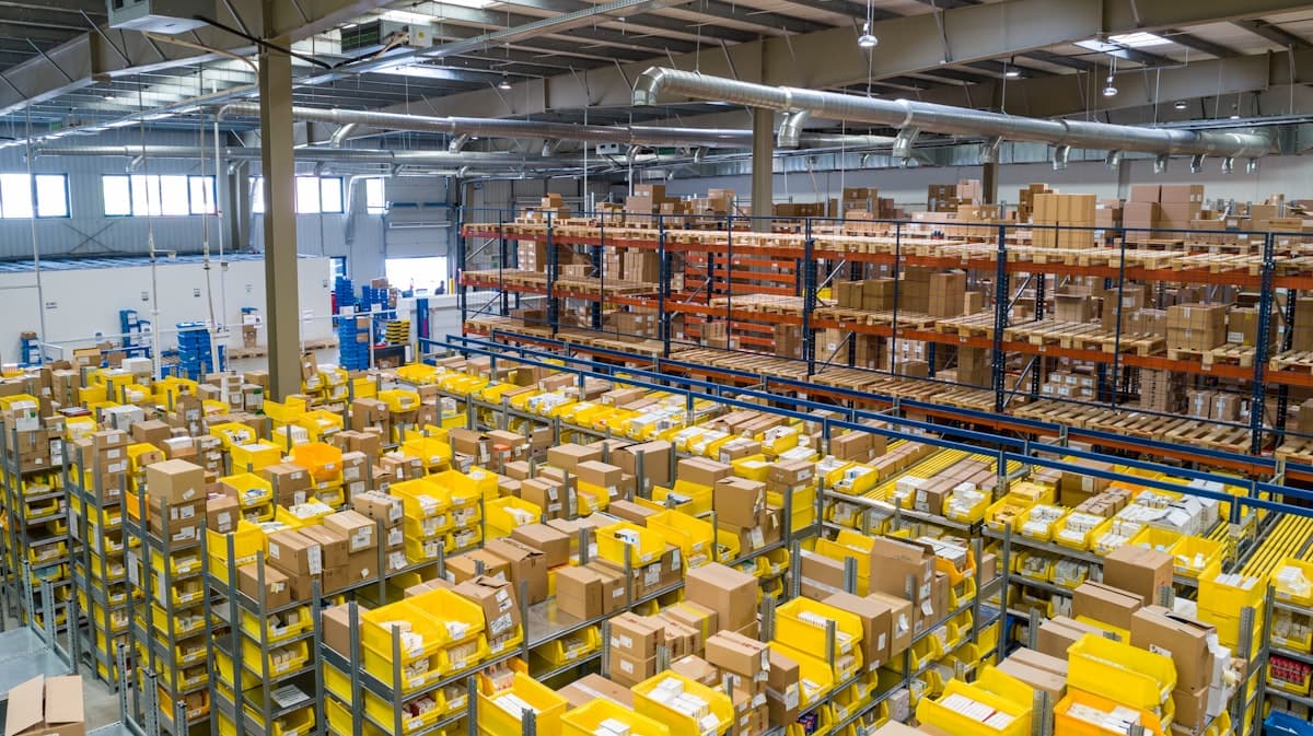 Ecommerce warehouse with organized inventory shelves and a digital dashboard showing stock levels across multiple sales channels