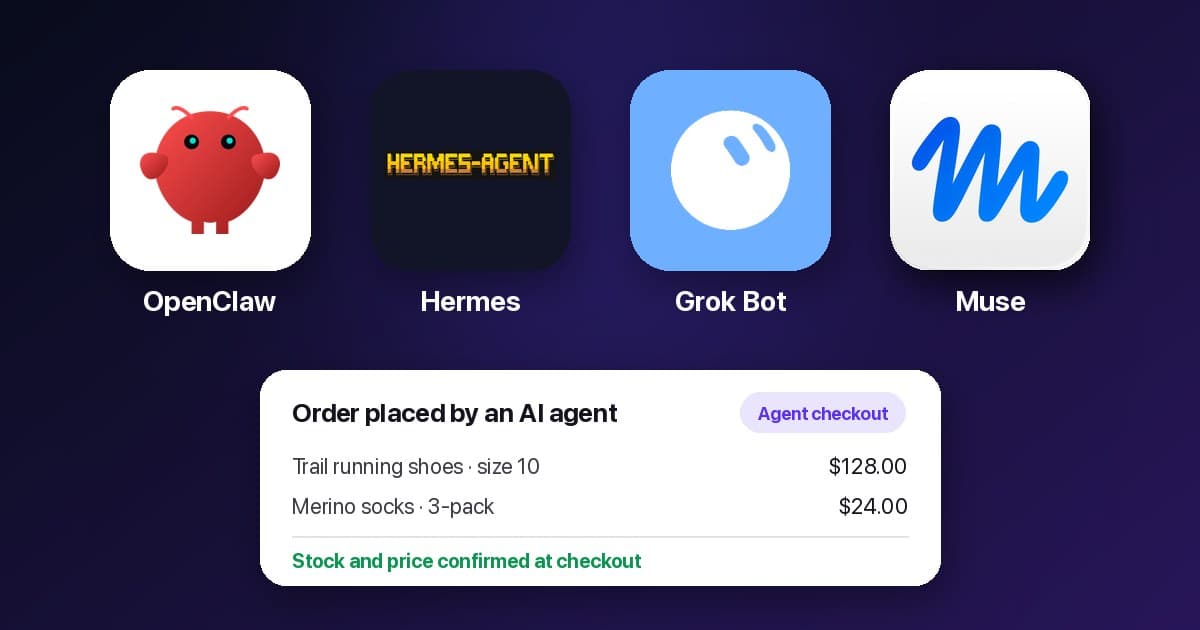 OpenClaw, Hermes Agent, Grok Bot and Muse app icons above an order placed by an AI shopping agent