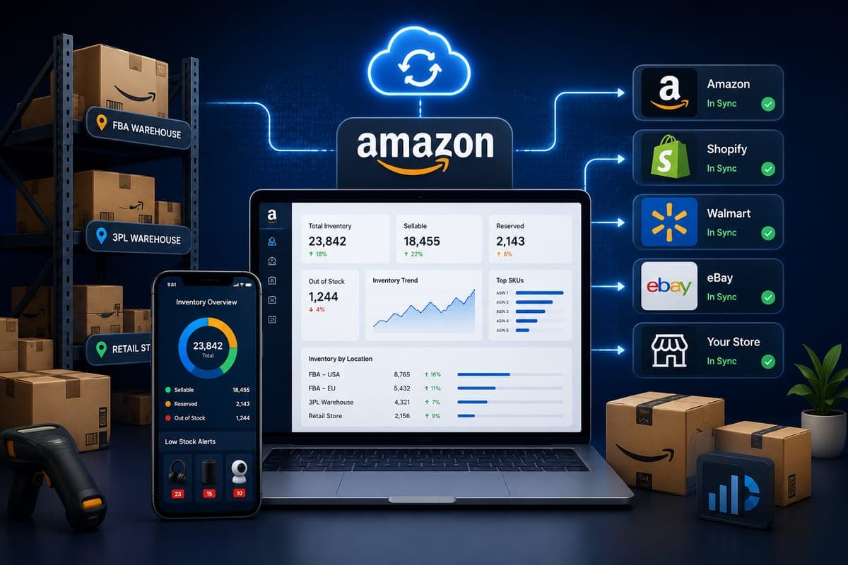 Amazon inventory management dashboard showing cross-channel sync with WooCommerce and Shopify