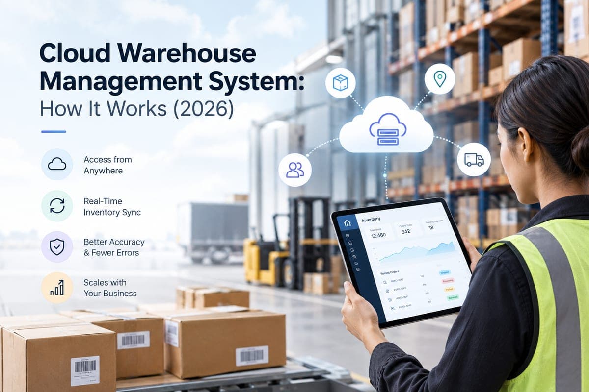 Cloud warehouse management system diagram showing cloud-hosted inventory data synced to a tablet dashboard on a warehouse floor