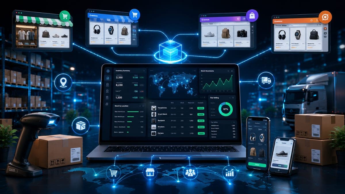Stock management workflow showing real-time coordination across storefronts and marketplace channels