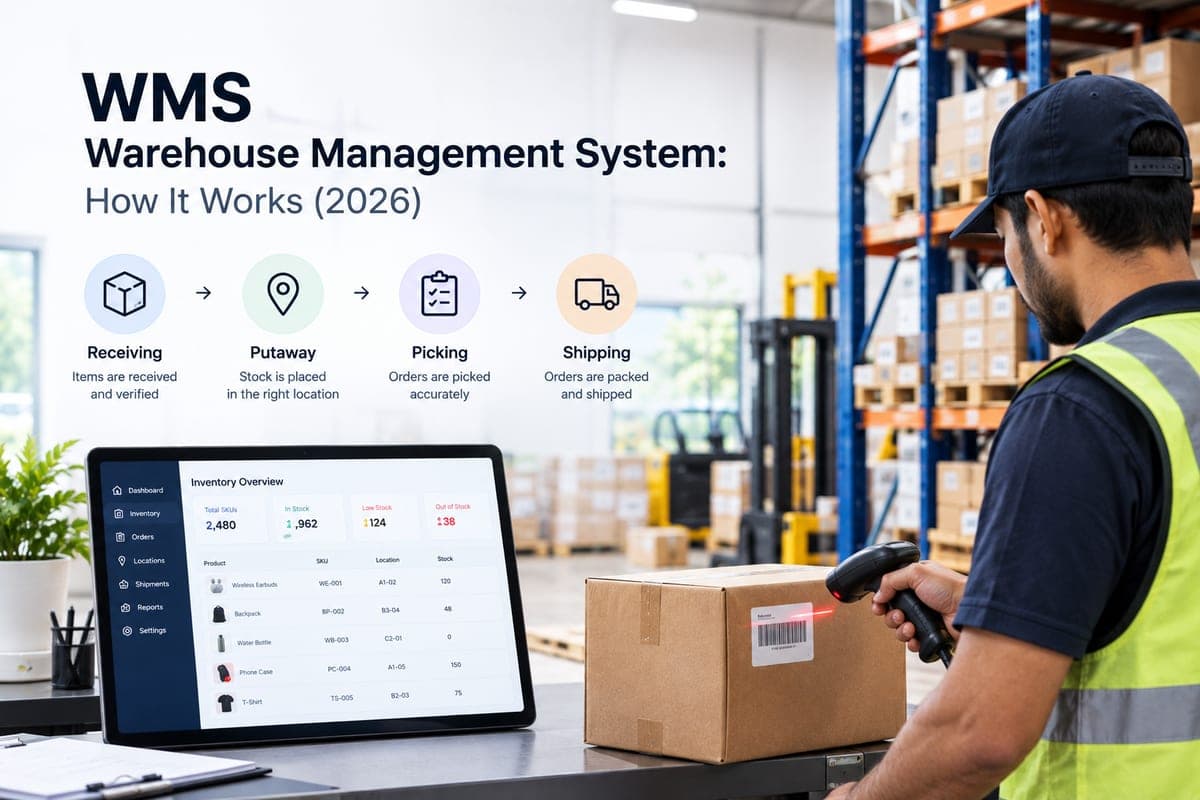 Warehouse management system workflow showing receiving, putaway, picking and shipping alongside an inventory dashboard and a worker scanning a barcode